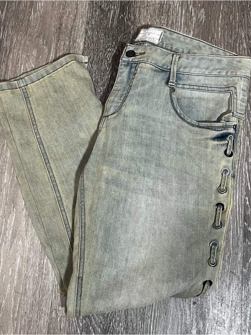 Free People Lace Up Side Skinny Jeans Women's 29 Gray Green Wash Stretch Denim